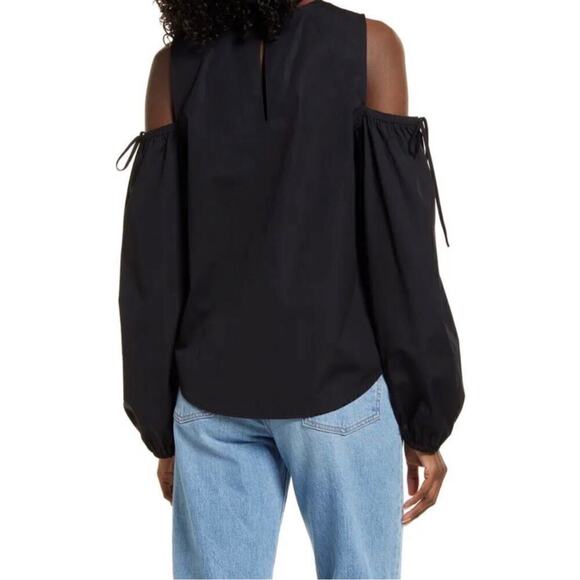 NWT Open Edit Black Cold Shoulder Puff Sleeve Cotton Blouse Top M - Picture 3 of 8